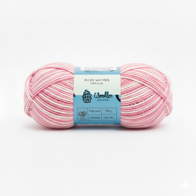 8 PLY Acrylic Yarn by Woollen House - White & Pink 7006