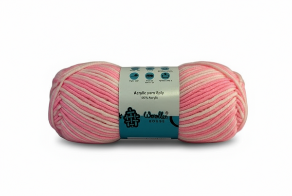 8 PLY Acrylic Yarn by Woollen House - White & Pink 7006