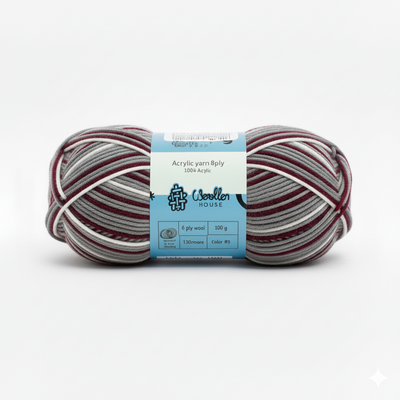 8 PLY Acrylic Yarn by Woollen House - GreyWhite & Maroon 7010