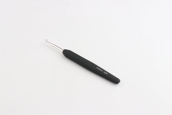 Silver Aluminium Single Ended Crochet Hook with black soft feel Handle 4.00 mm (G)
