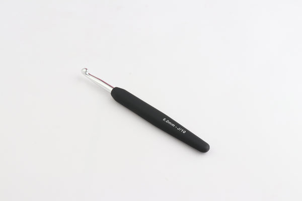 Silver Aluminium Single Ended Crochet Hook with black soft feel Handle 6.00 mm (J)