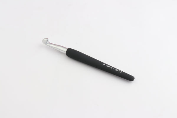 Silver Aluminium Single Ended Crochet Hook with black soft feel Handle 9.00 mm (M)